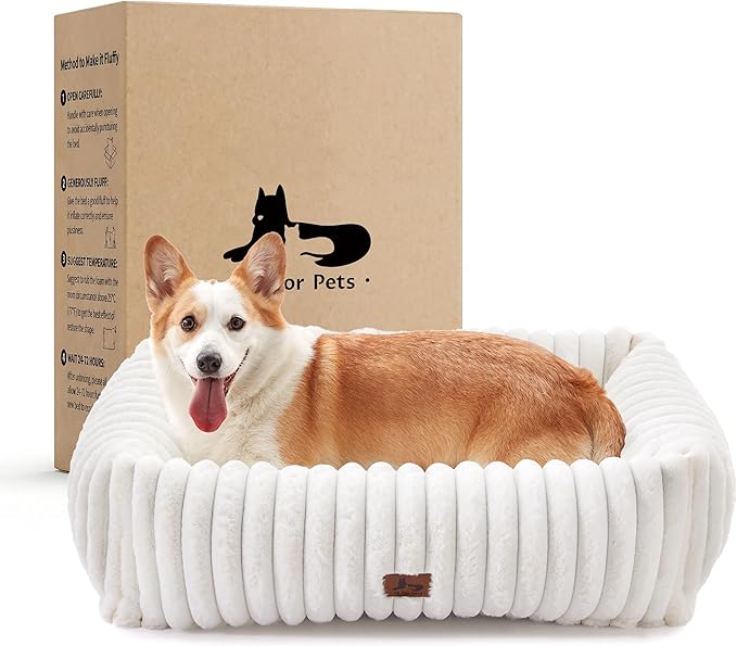 Dog Bed Medium Size Dog, Rectangle Orthopedic Pet Bed for Car and Indoor, Comfort Fluffy Memory Foam Dog Beds with Anti-Slip Bottom, Cream(30x24x8inchs)