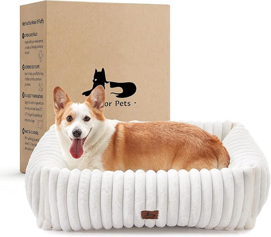 Dog Bed Medium Size Dog, Rectangle Orthopedic Pet Bed for Car and Indoor, Comfort Fluffy Memory Foam Dog Beds with Anti-Slip Bottom, Cream(30x24x8inchs)