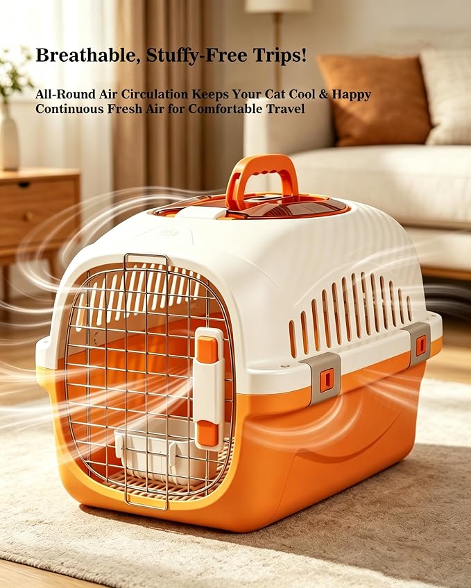 Cat Carrier Airline Approved, Portable Pet Travel Crate with Anti-Stress Design for Cats & Small Dogs, Car Safe Kennel with Top Window (Orange)