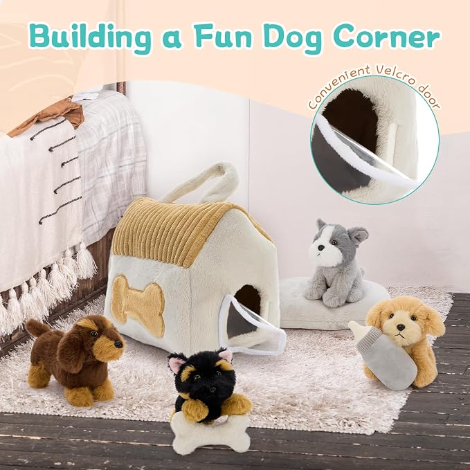 Muiteiur 8-Piece Dog House Plush Set, 9.8 Inch Plush Dog House Set with Cute 4 Puppies, Magic Gate, Bottle, Bed Pad & Bone, Interactive Pet Toy for Kids