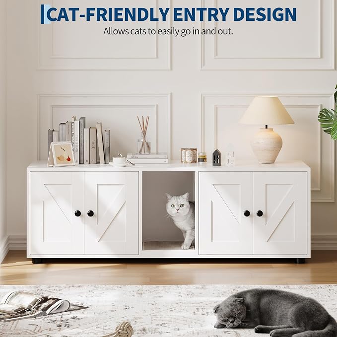 White Double Compartment Cat Litter Box Enclosure, Hidden Litter Box Furniture Cabinet for 2 Cats, Indoor Privacy Cat House, Stylish Pet Storage Cabinet