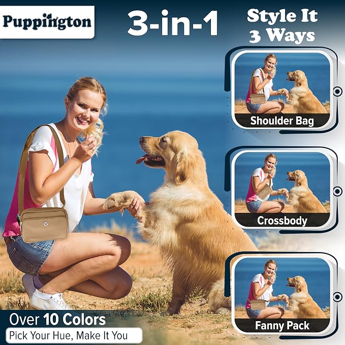 Puppington 3-in-1 Crossbody Dog Walking Bag & Dog Treat Pouch for Pet Training - Matching Compostable Poop Bags, Built-In Poop Bag Dispenser & Slow-Feeding Travel Bowl (Latte Beige)