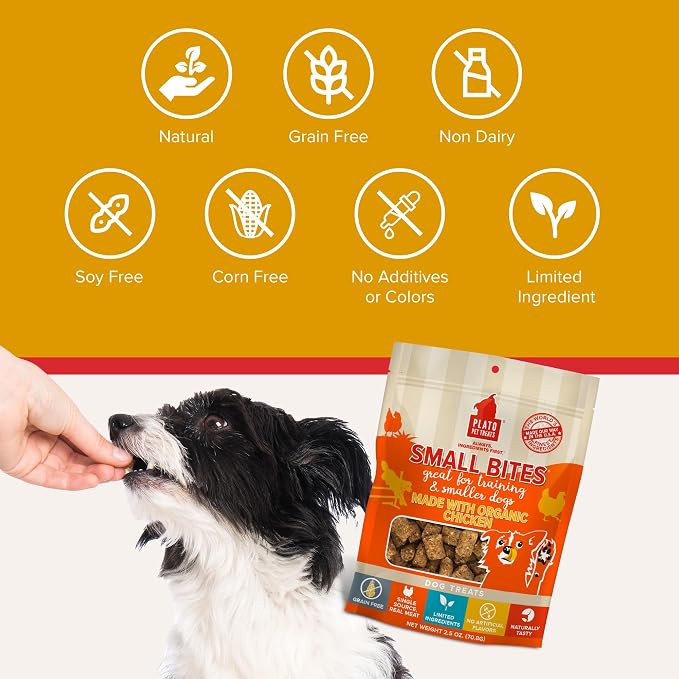 PLATO Pet Treats Small Bites - Air-Dried Training Treats for Dogs - Supports Healthy Digestion - Limited Ingredients - Organic Chicken 6oz - 2 Pack