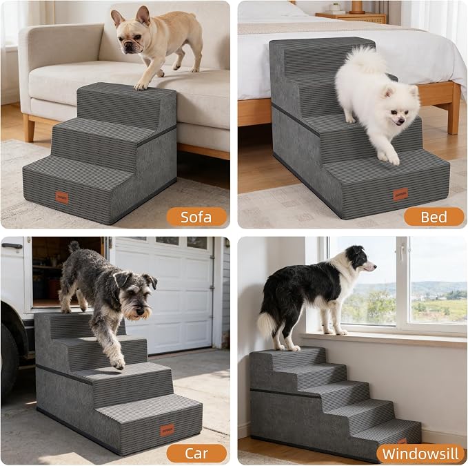 Dog Stairs for Large Dog, 22.5" H, 5-Step Pet Steps for High Bed Couch Sofa and Chair, Non-Slip Pet Ramp for Injured & Senior Pets with Washable Cover and Durable High Density Foam, Grey