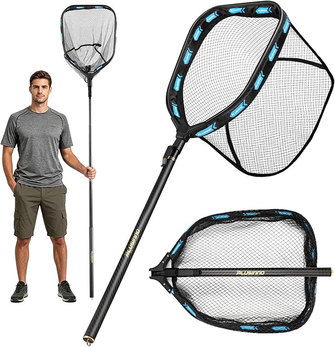 PLUSINNO Floating Fishing Net with Telescoping Handle, Carbon Fiber Ultralight Long Fish Net, Collapsible Landing Net 6.56/7.86Ft, Fishing Gear Kayak Accessories for Bass Trout Salmon