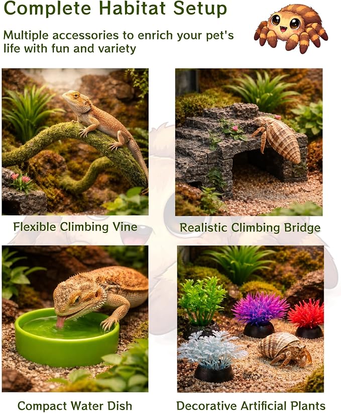 12-in-1 Hermit Crab Accessories Kit, 2026 New Kit for Bearded Dragon, Coconut Shell Hideout, Climbing Bridge, Hammock, Vines & Plants, Reptile Terrarium Decor for Gecko, Lizard, Amphibians
