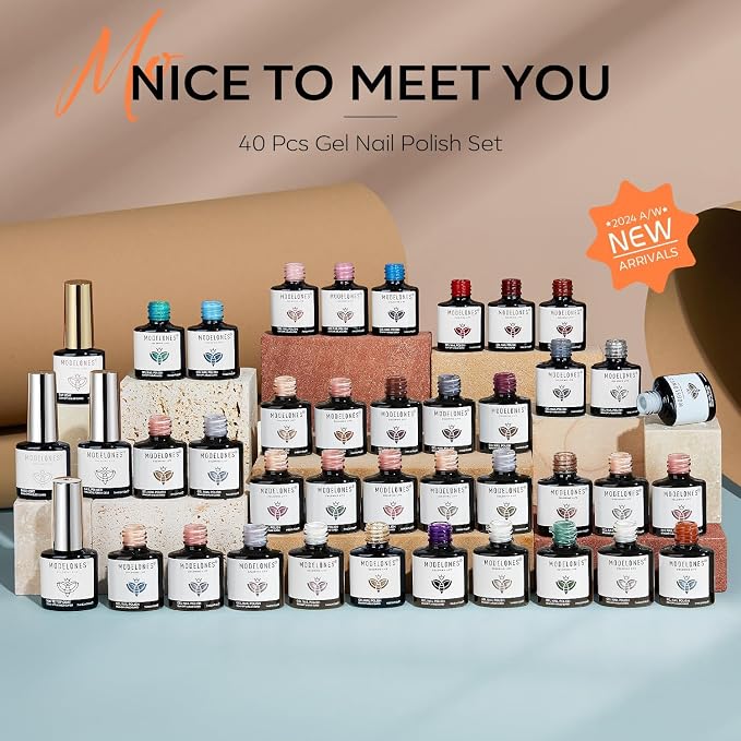 modelones 40 Pcs Gel Nail Polish Set, 36 Colors Winter Nude Brown White Burgundy Red Blue Black Glitter Gel Polish Kit with Base Coat& Matte Glitter Glossy Top Coat Salon DIY Manicure
