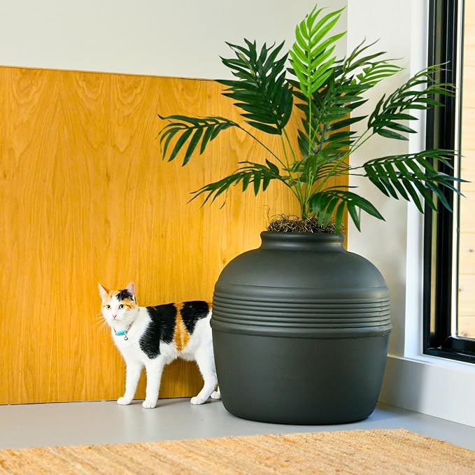 Good Pet Stuff Original Hidden Litter Box Planter, Decorative Cat Litter Enclosure, Carbon Filter, Faux Plant, Easy to Clean, Round Design, Removable Tray, Essentials Kit, Palm Plant, Charcoal Black
