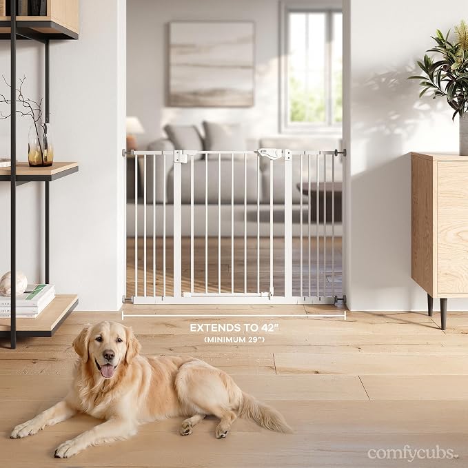 Comfy Cubs Baby Safety Gate with 3 Extensions - Adjustable 42" x 1.9" x 30" Q195 Steel Doorway Barrier - Powder-Coated Finish for Stairs and Doorways - Walk-Through Design Pet Gate - White