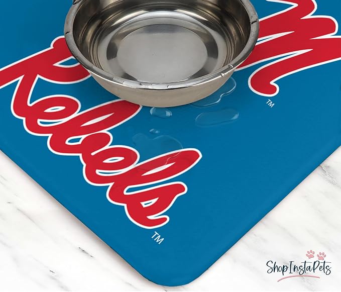 NCAA Officially Licensed Food and Water Mat for Dogs and Cats | 18" x 29" | Non-Slip | Water-Proof (Ole Miss Rebels)