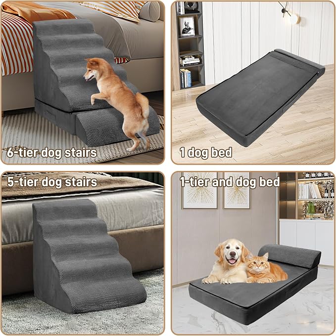 Dog Stairs for High Beds 30-36 inches Tall, 6-Step Pet Stairs/Steps for High Bed 32-36 inches for Small Large Dogs, Foam Dog Steps for Beds for Old Dogs/Cats, Dark Grey