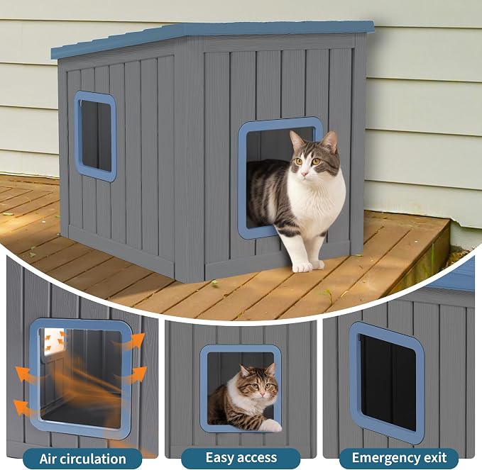 NUNU LAB Cat Litter Box Enclosure, Outdoor Cat House – Weatherproof & UV Resistant PP Material Shelter with Sloped Asphalt Roof, Durable Cat Condo for Garden, Patio, and Backyard (Blue, Large)