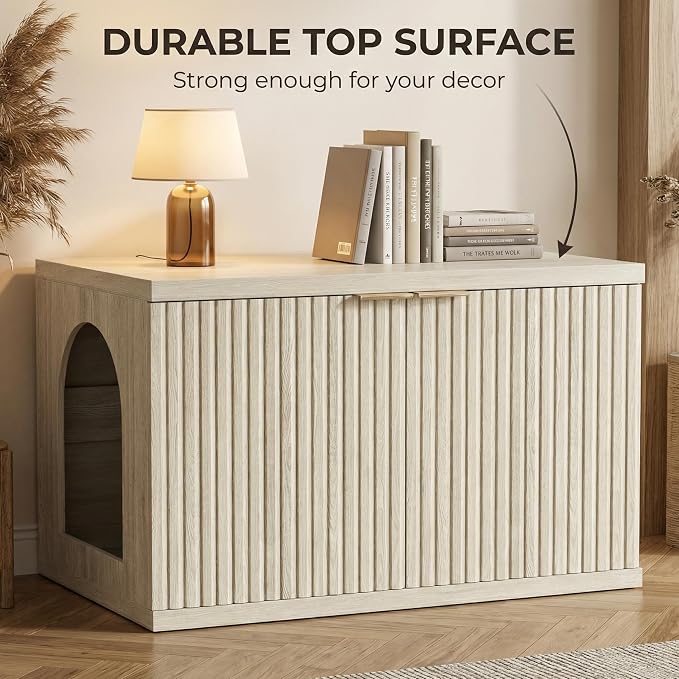 Homhedy Cat Litter Box Enclosure, Modern Fluted Accent Cat Washroom Furniture, Pet House, Fit Most of Litter Box,Cream Gray
