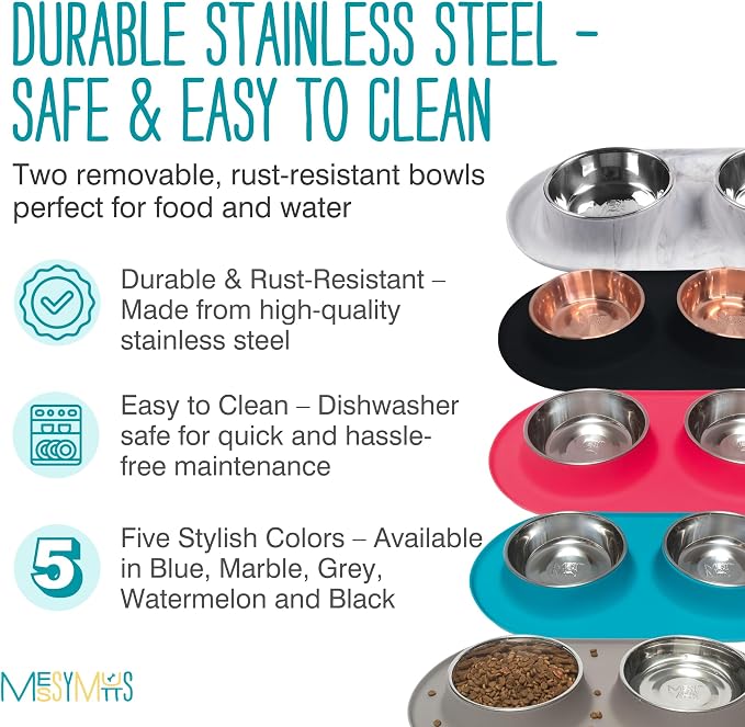 Messy Mutts Double Silicone Feeder with Stainless Bowls | Non-Skid Food Dishes for Dogs for All Pets | Dog Food Bowls | Medium, 1.5 Cups Per Bowl | Blue