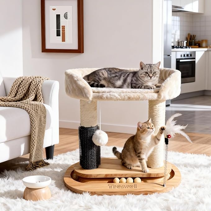Small Wooden Cat Tree for Kittens and Small Cats, 6-in-1 Cat Tower for Indoor Cats with Bed, Sisal Scratching Post, Self-Grooming Brush, Ball Track, Plush Ball and Feather Toy, 16.5" H