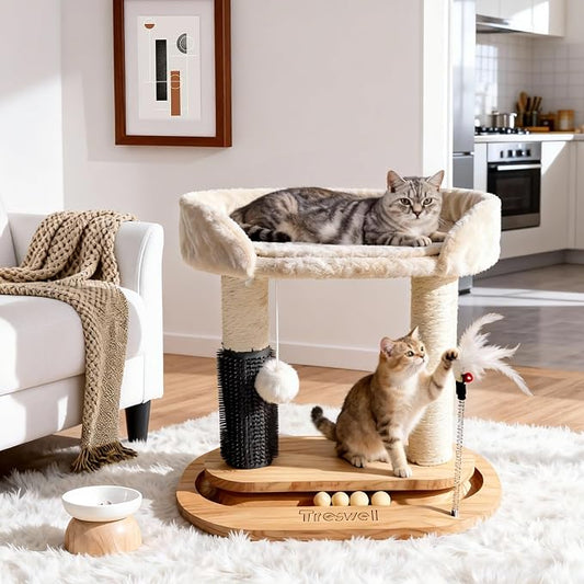 Small Wooden Cat Tree for Kittens and Small Cats, 6-in-1 Cat Tower for Indoor Cats with Bed, Sisal Scratching Post, Self-Grooming Brush, Ball Track, Plush Ball and Feather Toy, 16.5" H
