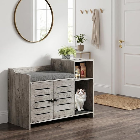 Hidden Cat Litter Box Furniture Enclosure with Mark Pad – Spacious Wooden Cat Cabinet, Double Doors, Storage Layer, Dog-Proof, Easy Cleaning – Hallway or Bedroom, Teak Oak