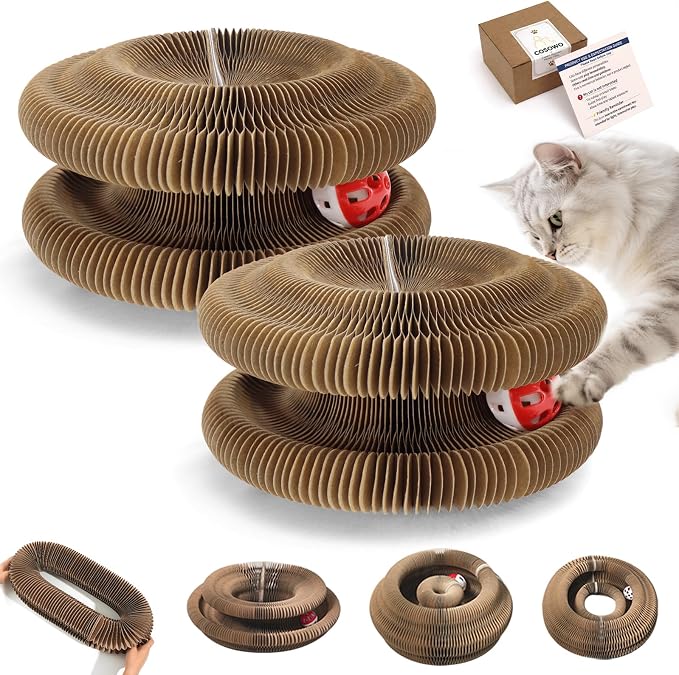 Magic Organ Cat Toy, Foldable & Reversible Accordion Scratching Board with Ball, Interactive Cardboard Cat Toy for Indoor Cats & Kittens, 2 Pack