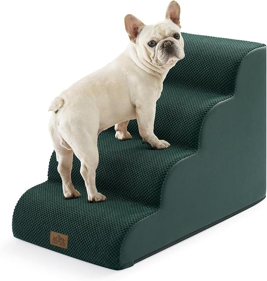COZY KISS Wide Dog Stairs for Small Dog 19.7" H, Pet Step for Puppy, Older Cat, Curved Ramp for Bed, Durable Anti-Slip Ladder with High Density Foam, 4 Step, 17.7x28x19.7 inch, Dark Green
