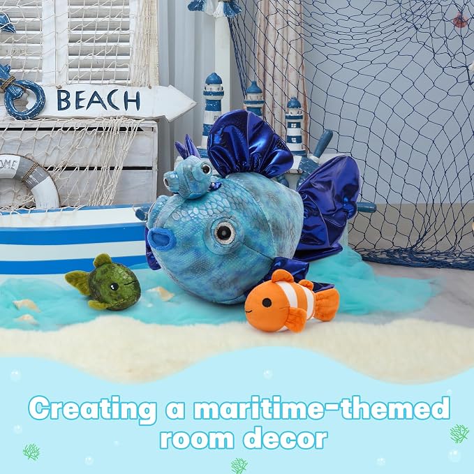 Muiteiur 4-in-1 Fish Family Stuffed Animal Set, 16" Soft Mommy Plush Fish with 3 Small Baby Sea Creatures, Ocean Themed Toys for Kids, Nautical Nursery Decor & Birthday Gift for Boys Girls Ages 3+