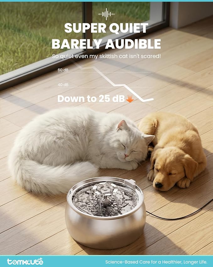 Tomxcute Cat Water Fountain Stainless Steel: 4L/135oz Large Capacity Dual-Mode Flow Ultra Quiet Pump Filtered Circulating Water for Multiple Pets Indoor with 3 Replacement Filters