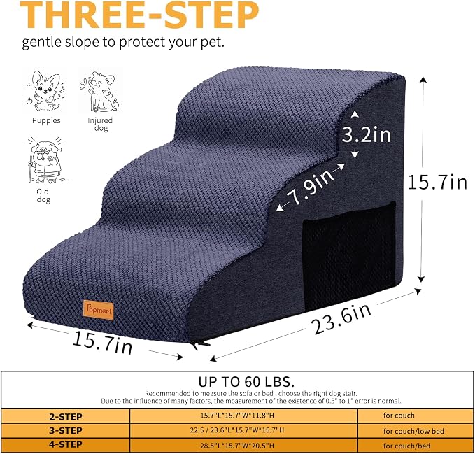 Topmart 3 Tiers Foam Dog Ramps/Steps,Non-Slip, Extra Wide Deep Dog Stairs,High Density Foam Pet Stairs/Ladder,Best for Older Cats,Small Pets,Blue