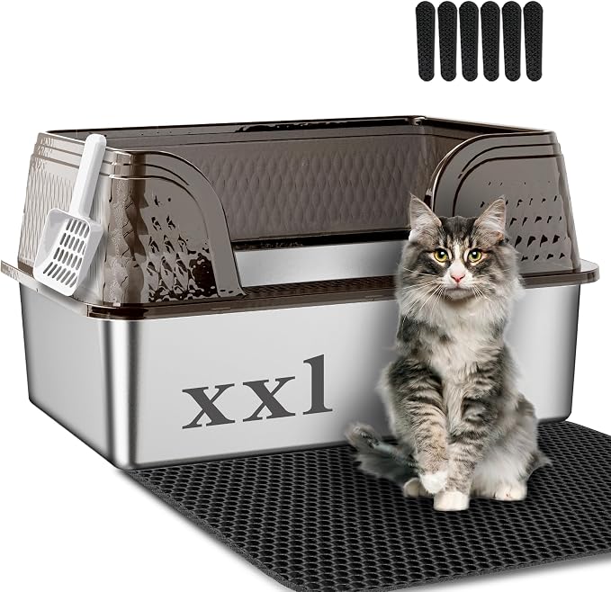 Suhaco XXL Stainless Steel Litter Box with High Sided Deep Side Entry Deep Extra Large Metal Litter Box Included Mat & Scoop Anti-Urine Leakage Cat Litter Boxes for Big Cats (Black)