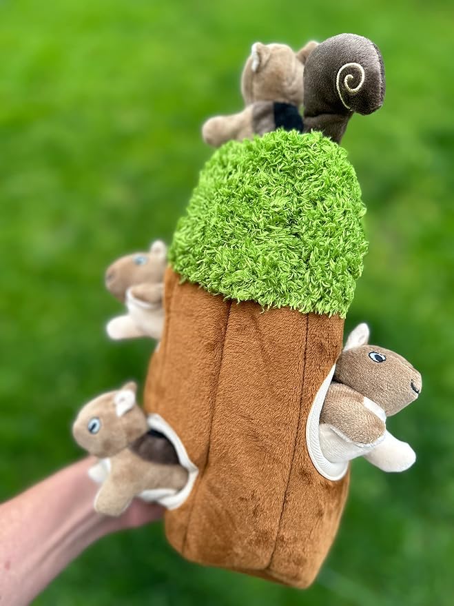 Glow Pups Squirrel in Tree Hide and Seek Plush Squirrel Inside Trunk Interactive Burrow Dog Toy for Small and Medium Size Dogs, Tree with Squirrels