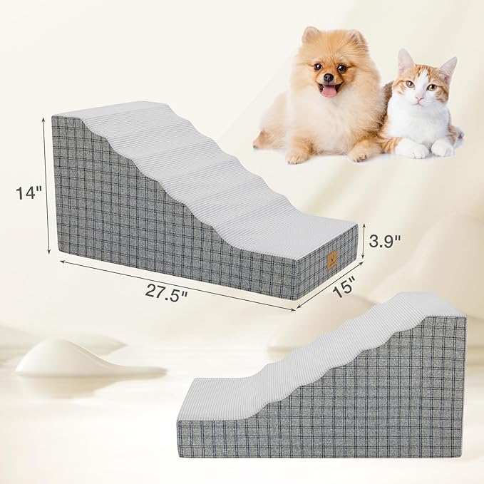 Pets Ramp for High Beds, Small Dogs & Senior Cats - Non-Slip Texture & Machine Washable Cover - Supportive Foam for Joint Comfort, Easy Climb for Couch, Sofa, Furniture (Gery)
