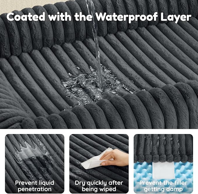 Orthopedic Dog Bed for Large Dogs, Washable Dog Bed with Faux Rabbit Fur Waterproof Cover, High Density Egg Crate Foam Support with 3-Sided Bolsters for Senior Dogs, Non-Skid Bottom,35x28x7, Dark Grey