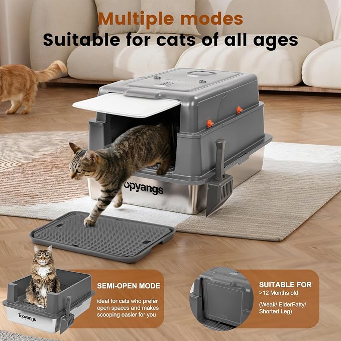 XXXXL Stainless Steel Litter Box, 28" L x 20" W x 17" H Extra Large Cat Litter Box for Maine Cat, Enclosed Metal Litter Boxes for Big Cat, Suitable Multi-Cats Families, High Sides