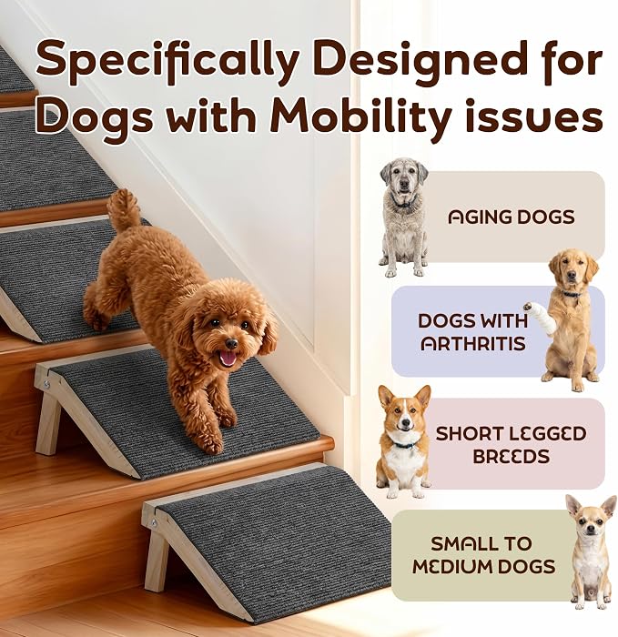 Adjustable Height Dog Ramp for Stairs (11cm/14cm), 3-Pack Solid Wood Pet Stair Ramp with High Traction Carpet, Indoor Dog Step for Small Breeds, Senior Dogs & Cats