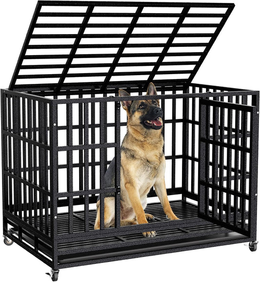 38 Inch Heavy Duty Dog Crate for Large Dogs,Upgraded Escape-Proof Kennel with Chew-Resistant Metal & Reinforced Base, Double Door Cage with Wheels & Removable Tray, Holds Up to 200lbs