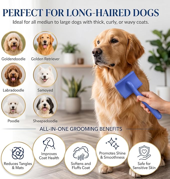 Large Slicker Brush for Dogs - 3-Piece Solid Wood Dog Grooming Kit for Doodles and Poodles - for Wavy, Curly & Matted Hair, Blue