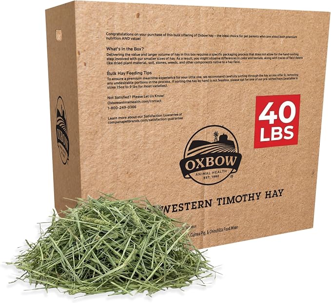 Oxbow Timothy Hay, Rabbit & Guinea Pig Hay, High Fiber for Digestive Health, Grown in The USA, Veterinarian Recommended Small Pet Supplies, Bulk Food for Rabbits, Guinea Pigs, & Chinchillas, 40 lbs