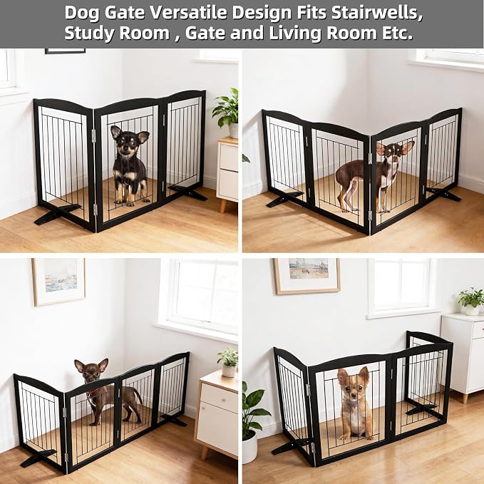 ZJSF Freestanding Dog Fence Indoor, Foldable Dog Gate for Doorways, Stairs or Hallways, Sturdy Wood Extra Wide Pet Gate with Support Feet for The House, Black, 32 "Height-3 Panels