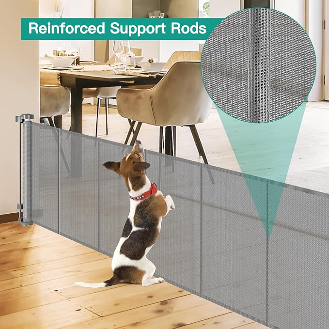 24 Inch Tall x 75 Inch Extra Wide Retractable Dog Gate for The House, Short Dog Gate to Step Over, Reinforced Mesh Puppy Gate for Doorways, Step Over Pet Gate for Stairs, Indoor/Outdoor, Gray