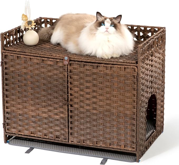 Furriends Cat Litter Box Enclosure with 2 Mats, Handwoven Rattan Hidden Litter Box Furniture Large 30.3”L x 18.2”W x 24.2”H, Double as Indoor Cat House or Side Table for Living Room Hallway, Brown