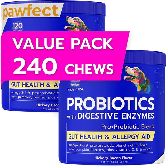 Vet Approved Probiotics & Digestive Enzymes for Dogs | Gut Health & Digestive Function Support | Pumpkin & Omega | Diarrhea, Seasonal Allergies & Itching | Prebiotic Supplement Chew (Pack of 2)