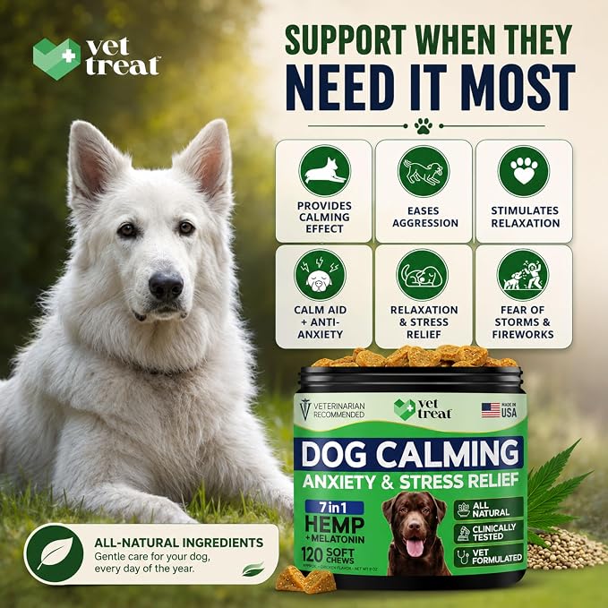 Hemp Calming Chews for Dogs – Dog Calming Chews & Anxiety Relief Treats with Melatonin–Stress Relief for Barking, Thunder, Fireworks, Travel & Separation Anxiety–Vet Formulated-Made in USA - 120 Chews
