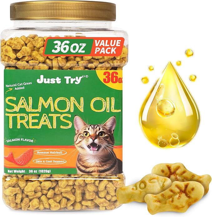 Just Try 36 OZ Cat Grass Treats Salmon Oil Natural Salmon Kitten Healthy Cat Treats Training Biscuits Snacks Fish Oil Omega 3 Supplements for Cats Joint Support & Skin Coat Health