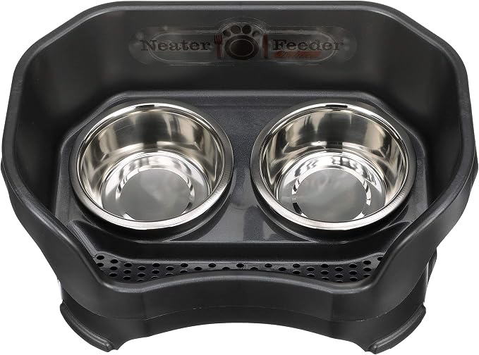 Neater Pets Neater Feeder Deluxe Mess-Proof Slow Feed Bowl & Water Bowl with Neater Mat Waterproof Silicone Mat - Protect Floors from Food & Water, Midnight Black
