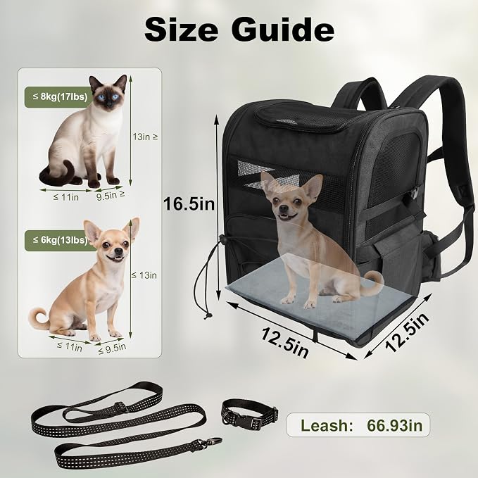 Dog Carrier Backpack for Small Dogs - Breathable Mesh Hiking Bag with Safety Buckle, Adjustable Straps and Standard Pad - Durable for Hiking (Fits Small Cats Too, Up to 17lbs, Black)