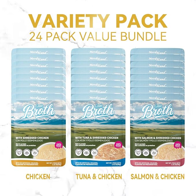 Shredded Chicken in Broth – High-Protein Grain-Free Lickable Cat Food Topper, Lickable Cat Treats Chicken & Seafood Variety Pack, 24 Pouches (1.41 oz Each) (24)