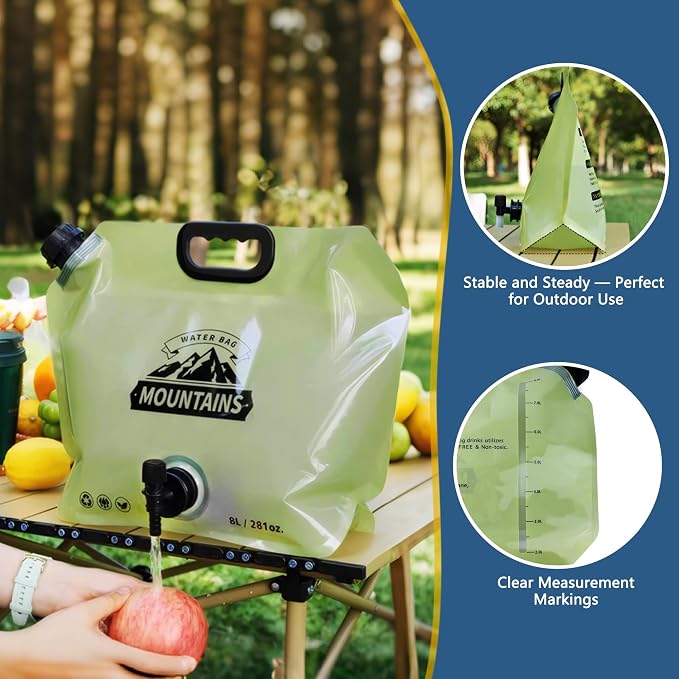 Water Jug Camping 2.1 Gallon Collapsible with Spigot, BPA Free Portable Water Pouch Foldable Water Bags for Outdoor Hiking, Travel and Emergency & Water Storage Containers (Green-4Pcs)