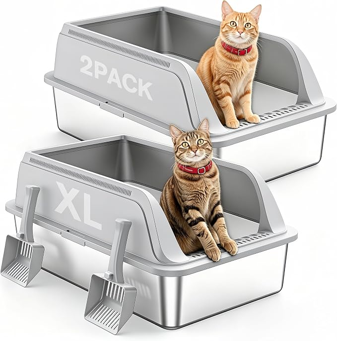 Aphyxen 2Pack XL Stainless Steel Litter Box with High Sides Shield for Multi Cats, 23 "L x 14.61 "W x 9.9 "H Open Top Cat Box for Big Cats, Anti-Leak Non-Stick Odor Control, 2 Scoops (Light Grey)