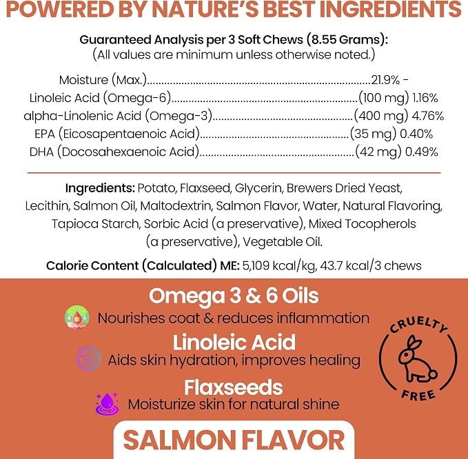 Salmon Oil for Dogs - Soft Chew Omega Treats for Skin and Coat - Fish Oil Blend of Essential Fatty Acids, Omega 3 and 6, Vitamins, Antioxidants and Minerals - Made in USA (180 Chews, Salmon)