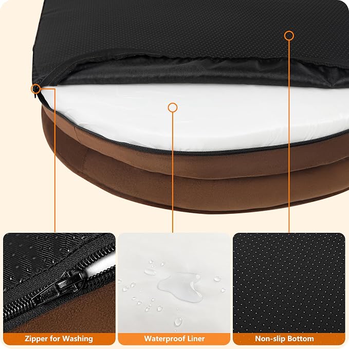 Dwanton Orthopedic Dog Bed for Extra Large Dogs with Gel Memory Foam, Waterproof Dog Sofa, Washable Pet Bed with Four Sided Bolster Cushion, Removable Cover & Non-Slip Bottom, 45", Brown