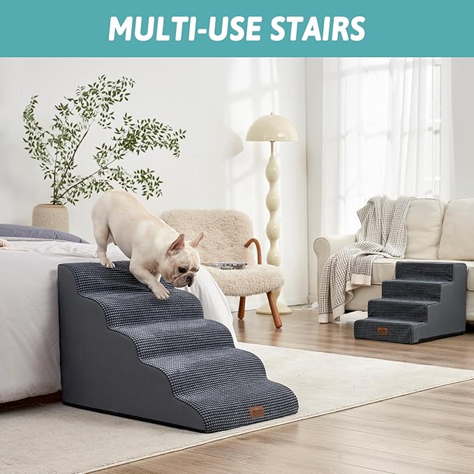 COZY KISS Extra Wide Dog Stairs 19.7" Width, Large Pet Step for Small Medium Dog, Puppy or Cat, Ramp for High Bed or Car, High Density Foam Ladder, Stable, 5 Step, 19.7x33x22.4 in, Charcoal Grey