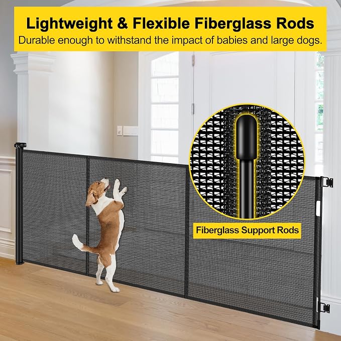 Reinforced 42” Tall x 160” Extra Wide Retractable Baby Gates with Support Rods, Outdoor Pet Gate for Wide Openings, Tall Baby Gates for Dogs Extra Long Dog Gate Large Outdoor Gates for Decks, Black